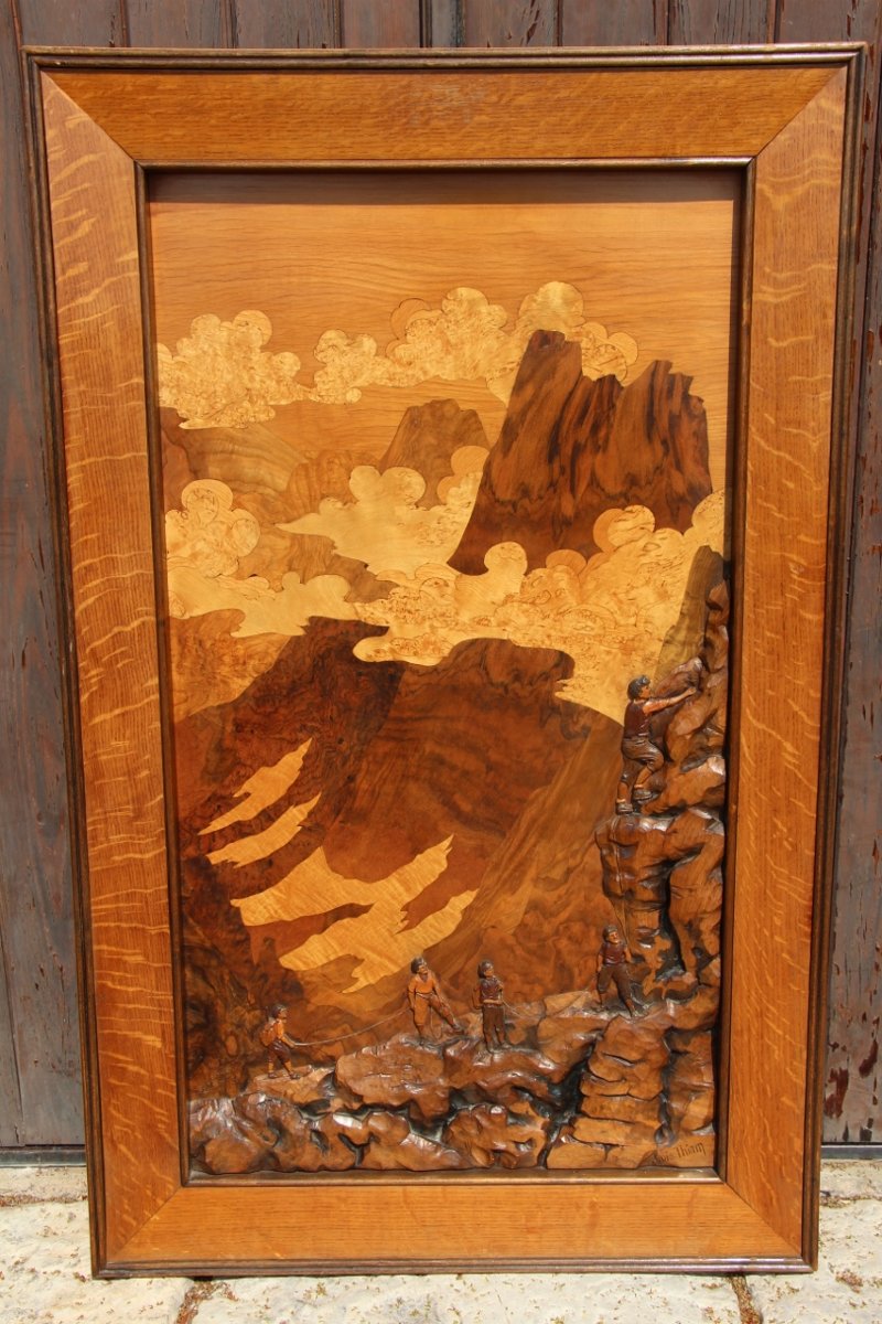 Large Marquetry Piece Titled "la Cordée" By Louis Thiam (1914–1973)