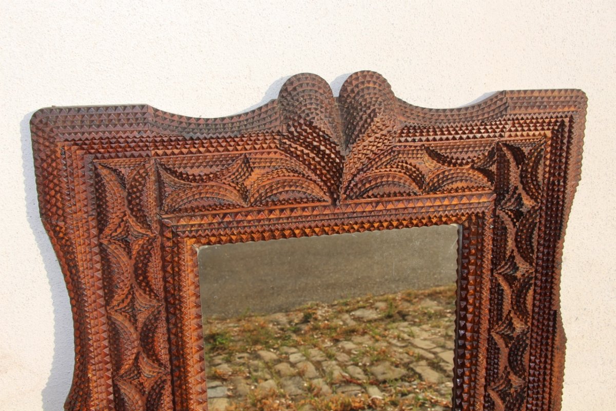 19th-century Tramp Art Mirror Made Of Hand-carved Wood-photo-2