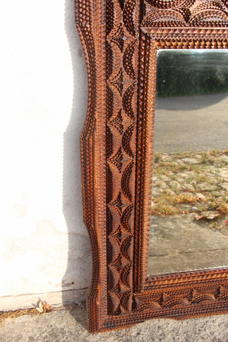 19th-century Tramp Art Mirror Made Of Hand-carved Wood-photo-3