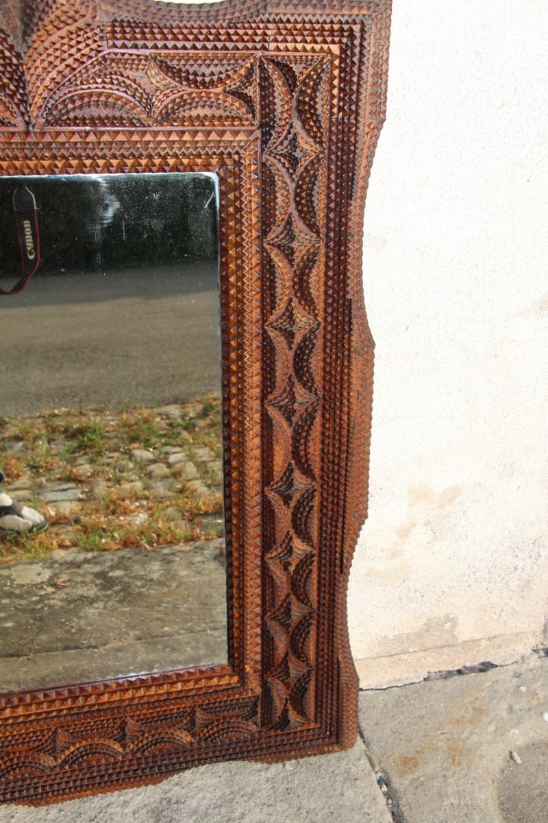 19th-century Tramp Art Mirror Made Of Hand-carved Wood-photo-4