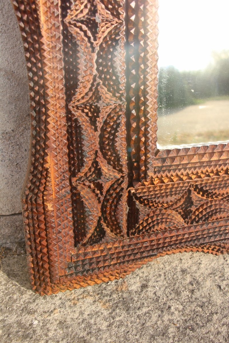 19th-century Tramp Art Mirror Made Of Hand-carved Wood-photo-2
