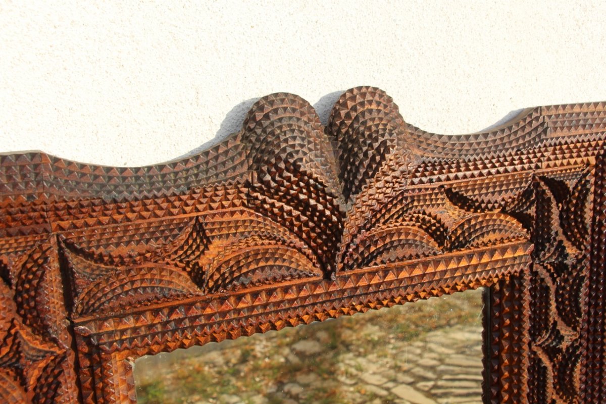 19th-century Tramp Art Mirror Made Of Hand-carved Wood-photo-3
