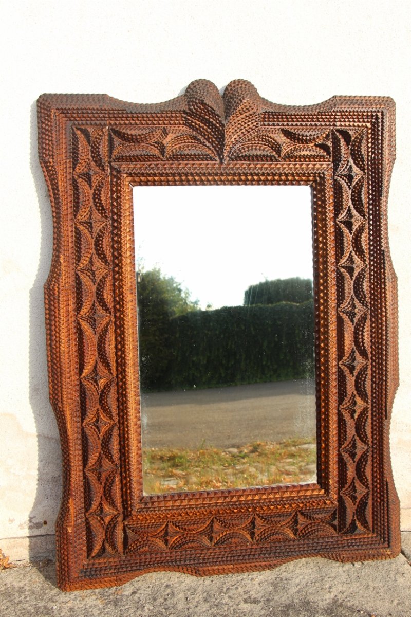 19th-century Tramp Art Mirror Made Of Hand-carved Wood