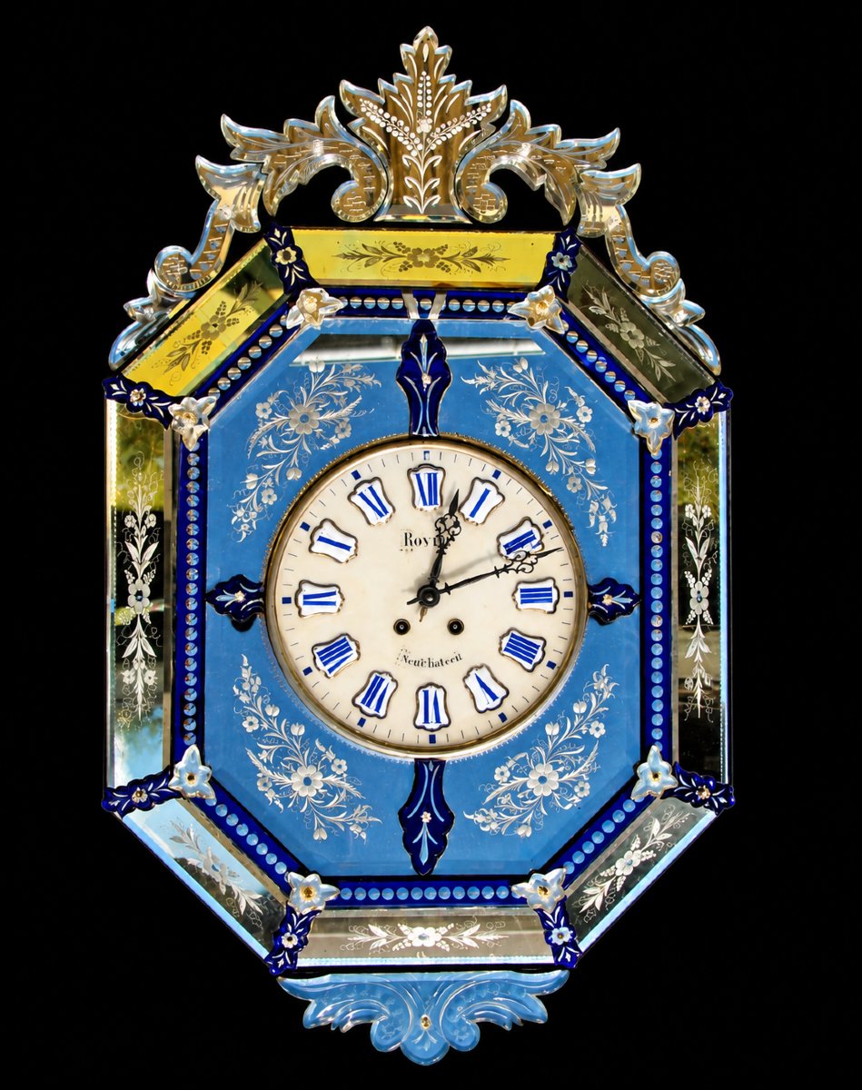 Grande Horloge Murale En Miroir De Venise Et Boite A Musique XIXème