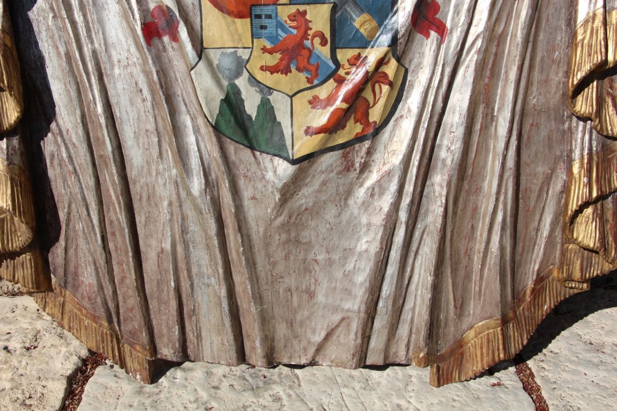 Grand Manteau Héraldique En Bois Sculpté Et Peint-photo-3