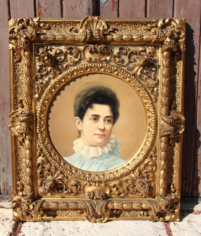 19th-century Portrait Of A Young Woman In A Stunning Gilded Wood Frame 