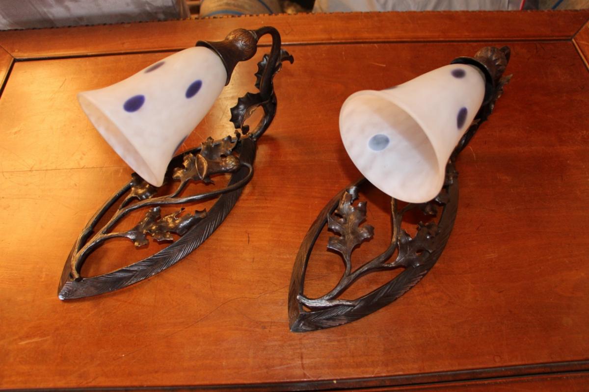 Pair Of Art Nouveau Sconces With Thistles, Daum-photo-2