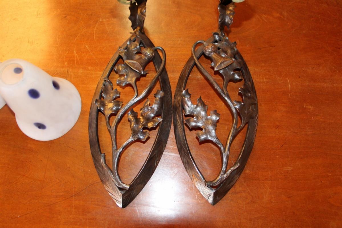 Pair Of Art Nouveau Sconces With Thistles, Daum-photo-2