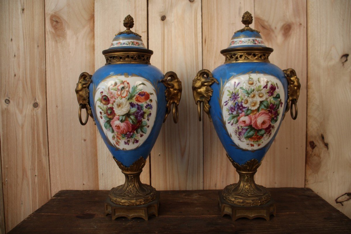 Paire De Vases En Porcelaine De Sèvres Et Bronze Doré XIXeme-photo-1