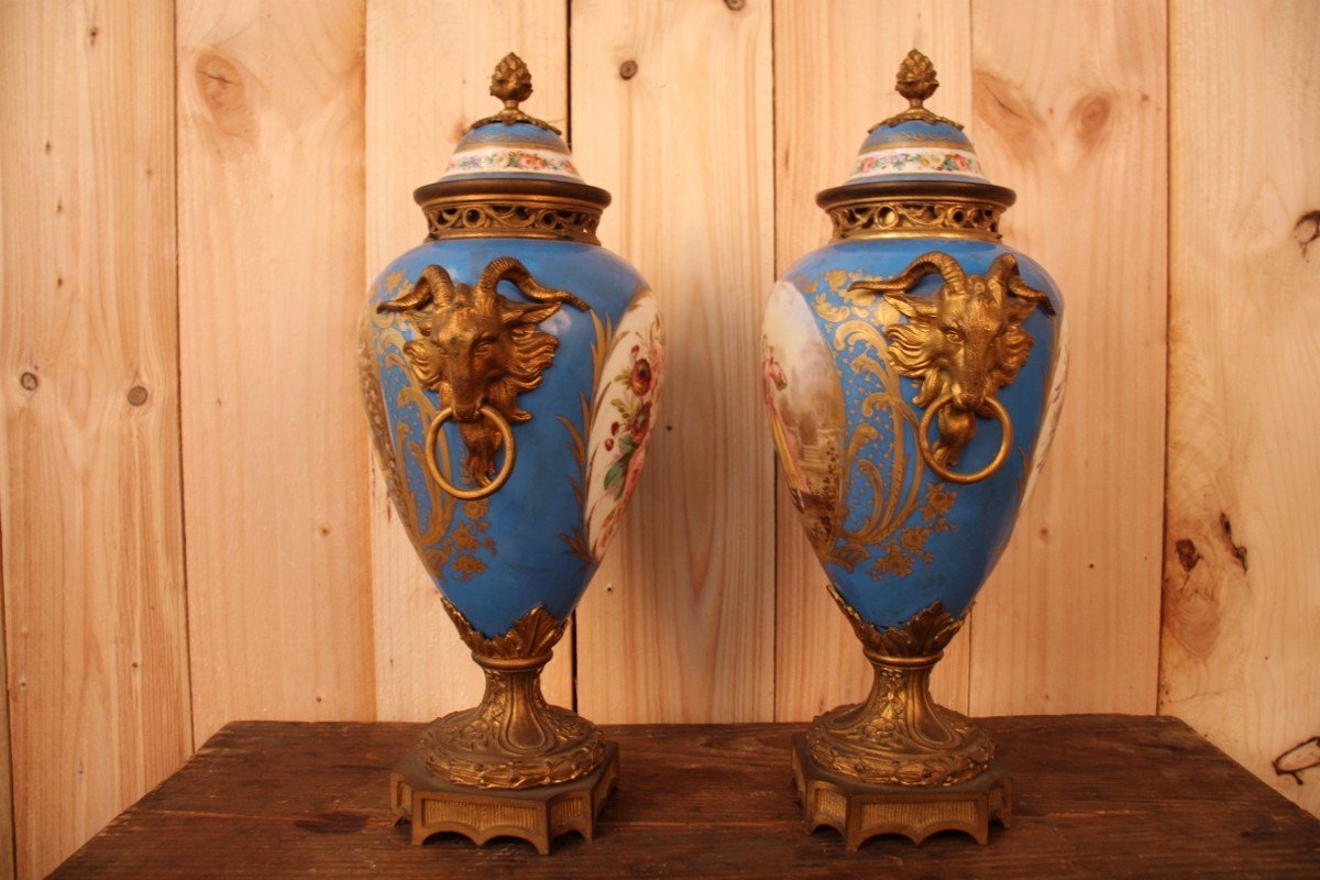 Paire De Vases En Porcelaine De Sèvres Et Bronze Doré XIXeme-photo-2