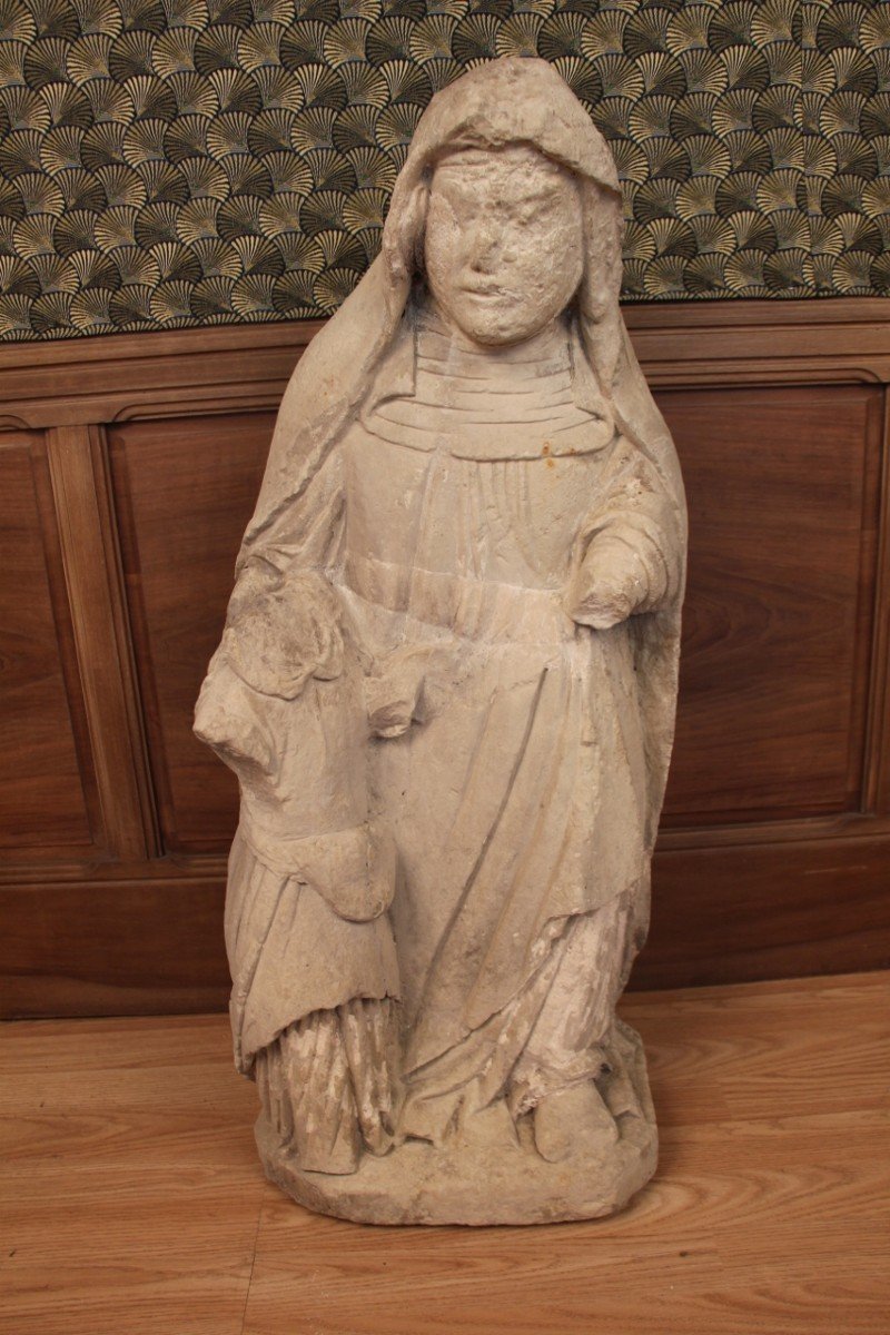 Grande Statue De Sainte Anne En Pierre Calcaire XVeme