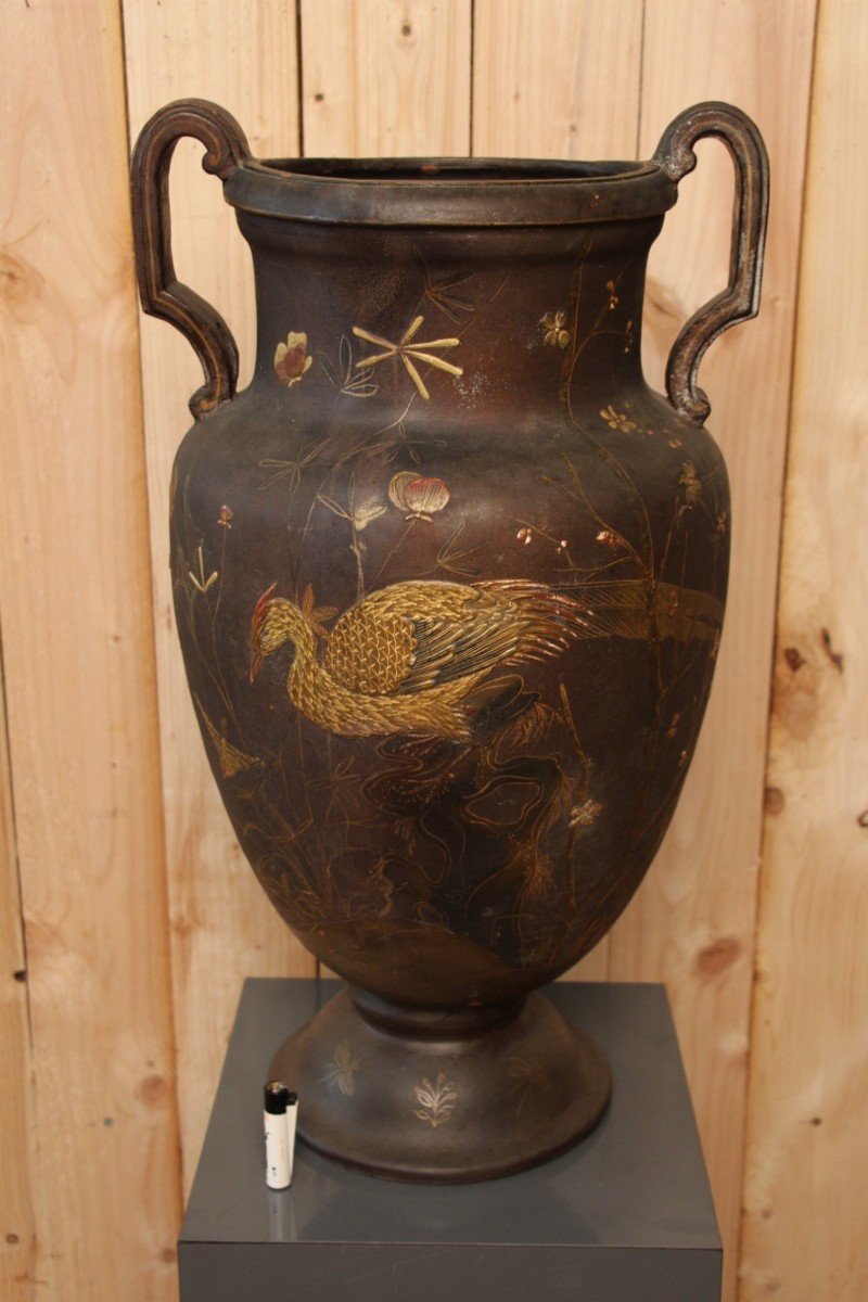 Large Terracotta Vase From Toul And Majorelle In XIXth Japanese Lacquer 71 Cm In Height-photo-2