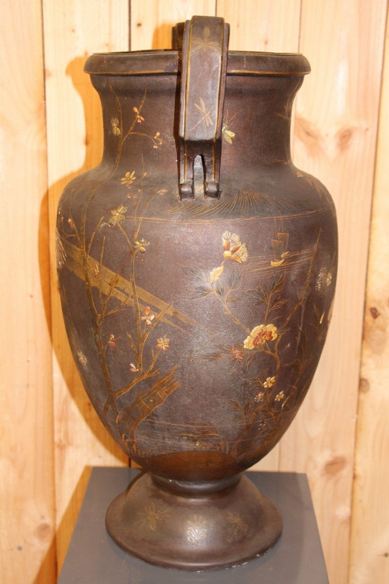 Grand Vase En Terre Cuite De Toul Et Majorelle En Laque Japonisant XIXeme  71 Cm De Hauteur-photo-4