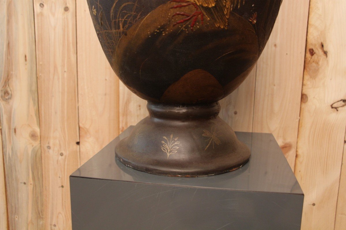 Grand Vase En Terre Cuite De Toul Et Majorelle En Laque Japonisant XIXeme  71 Cm De Hauteur-photo-2