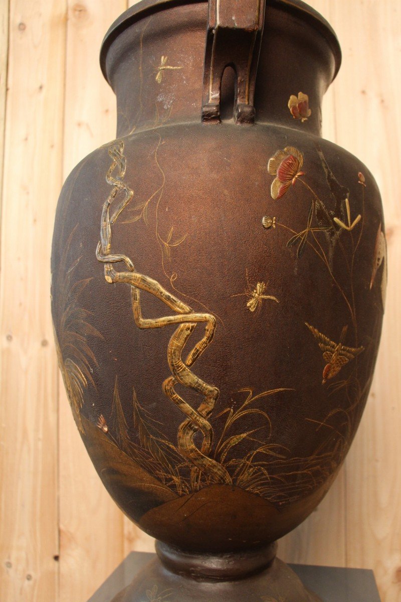 Grand Vase En Terre Cuite De Toul Et Majorelle En Laque Japonisant XIXeme  71 Cm De Hauteur-photo-4