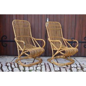 Pair Of Rattan Armchairs By Tito Agnoli