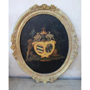 18th Century Oil On Canvas Coat Of Arms Of The Count Of Ludres And De Custine