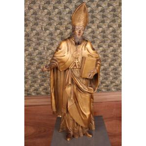 Grande Statue En Bois Doré XVIIIème d'Un Saint évêque Mitre Amovible 