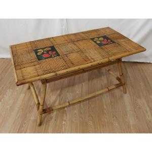 Coffee Table By Audoux Minet In Rattan And Ceramic From Vallauris Year 60's 