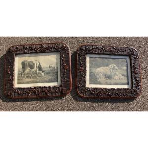 Pair Of Black Forest Frames With 19th Century Engravings 
