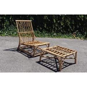Rattan Armchair With Footrest By Audoux & Minnet, 1950