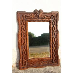 Miroir Tramp Art XIXe en bois sculpté à la main