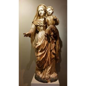 Grande Vierge à l'Enfant En Bois Sculpté, France, 17e S.