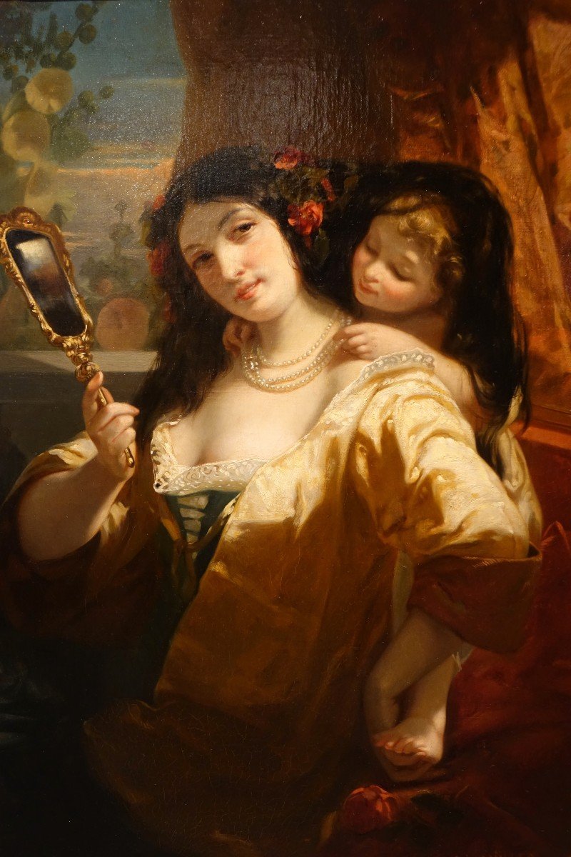 "jeune femme au miroir", huile sur toile, Ch. Louis Muller( 1815-1892)-photo-2