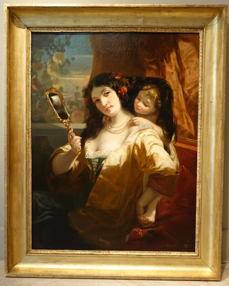 "jeune femme au miroir", huile sur toile, Ch. Louis Muller( 1815-1892)