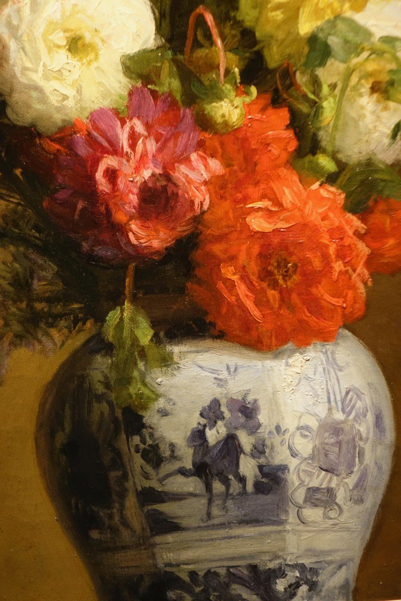 Bouquet Of Dahlias In A Japanese Vase, A.melot, 1883-photo-3