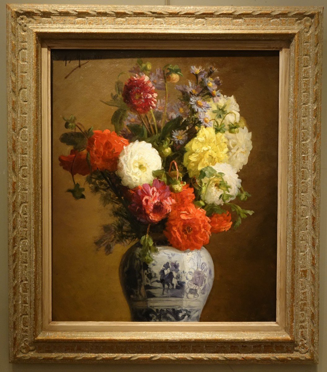 Bouquet De Dahlias Dans Un Vase Japonais, A.melot, 1883