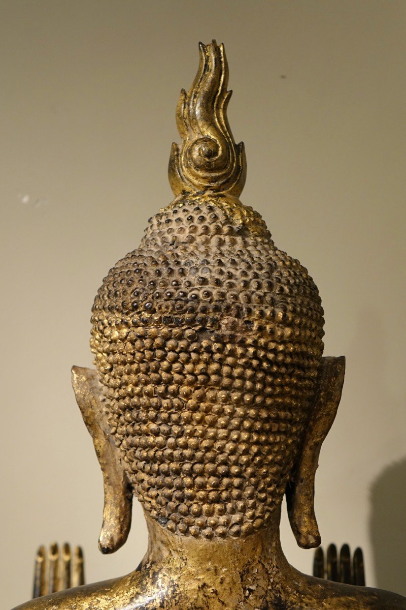 Bouddha en bois laqué et doré, Siam, 18e S.-photo-4