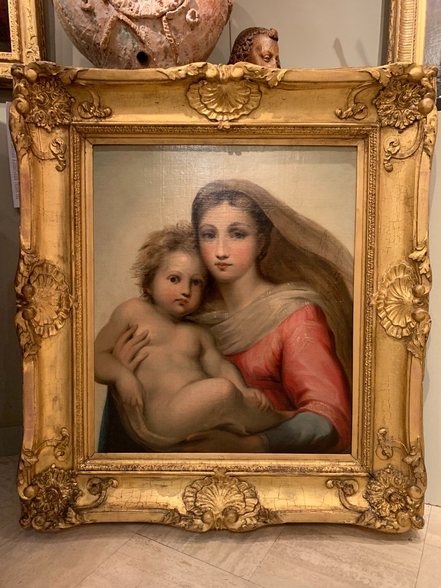 Oil On Canvas "madonna And Child" After Raphaël, France Around 1820-photo-2