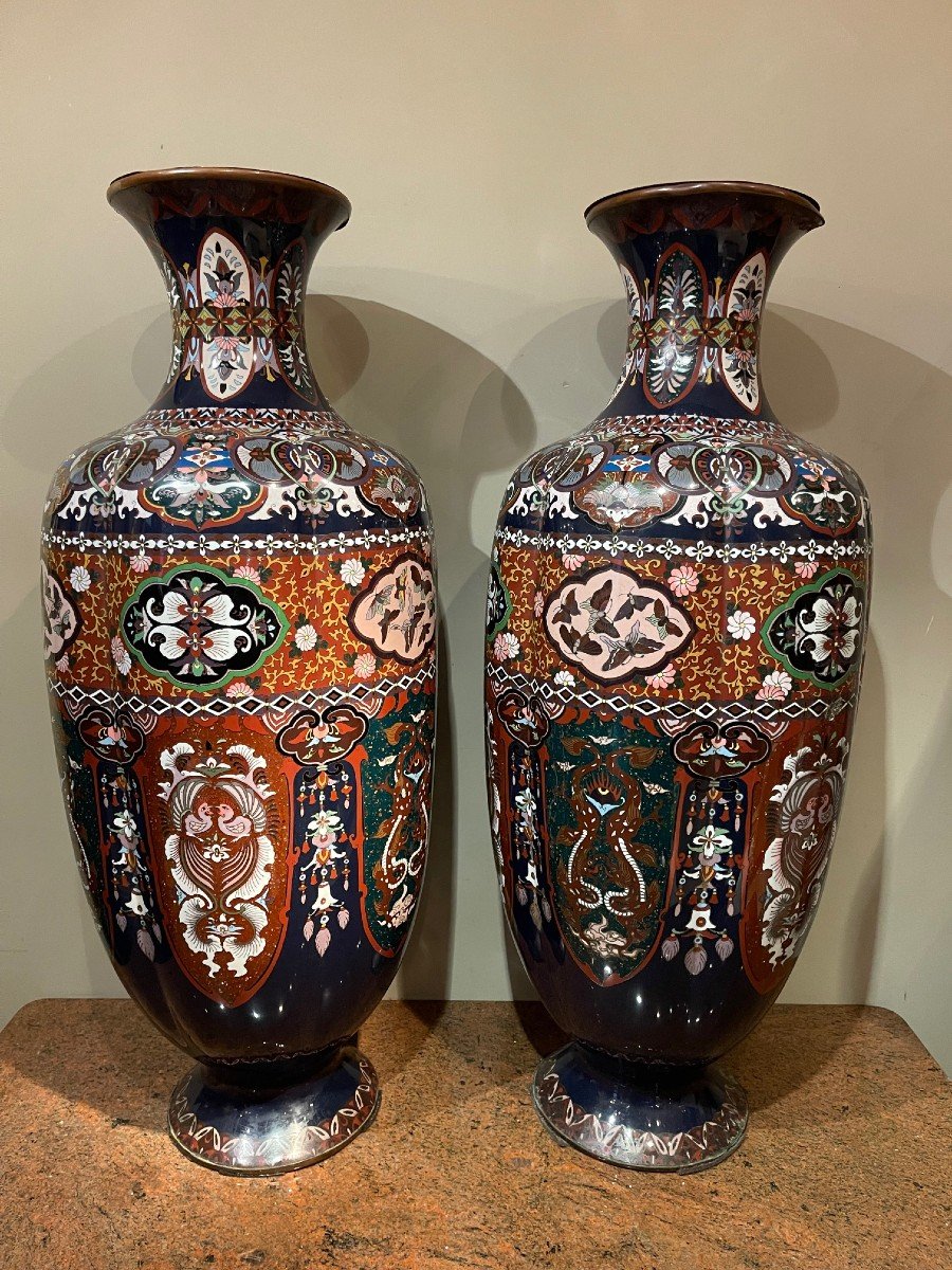 Très grande paire de vases cloisonnés ,japon, 19e S.-photo-1