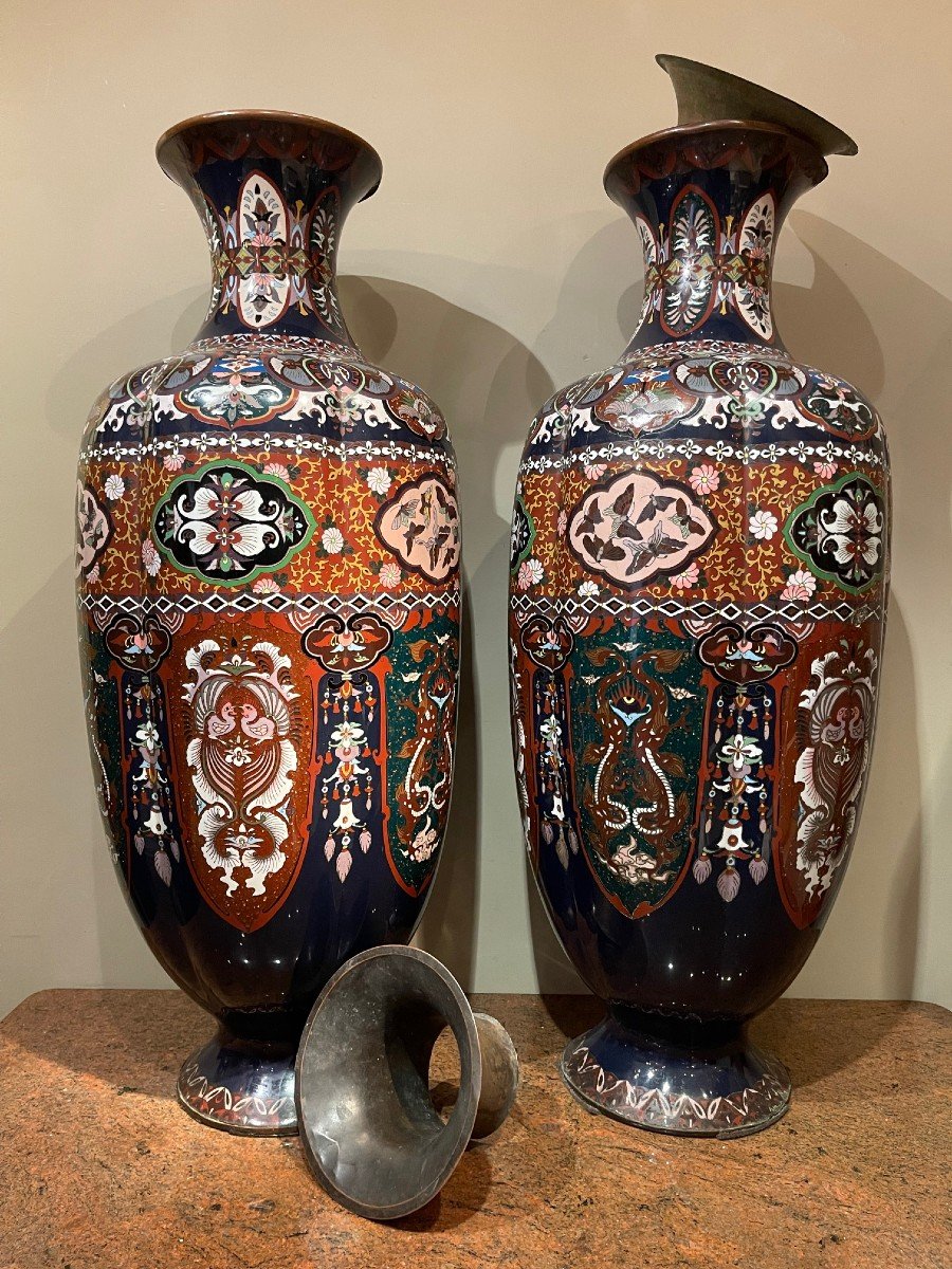 Très grande paire de vases cloisonnés ,japon, 19e S.-photo-2
