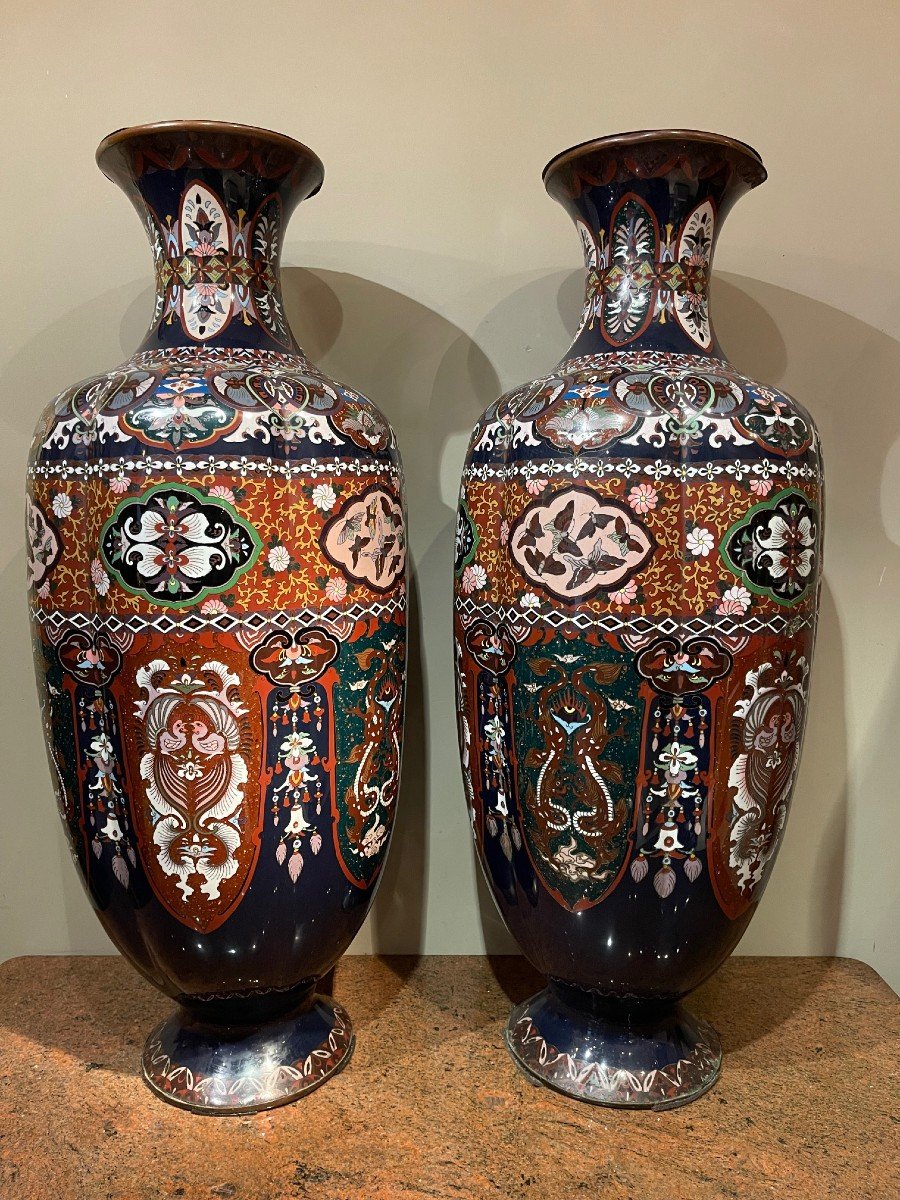 Very Large Pair Of Cloisonné Vases, Japan, 19th C.-photo-4
