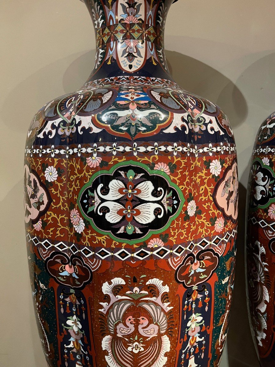 Très grande paire de vases cloisonnés ,japon, 19e S.-photo-5