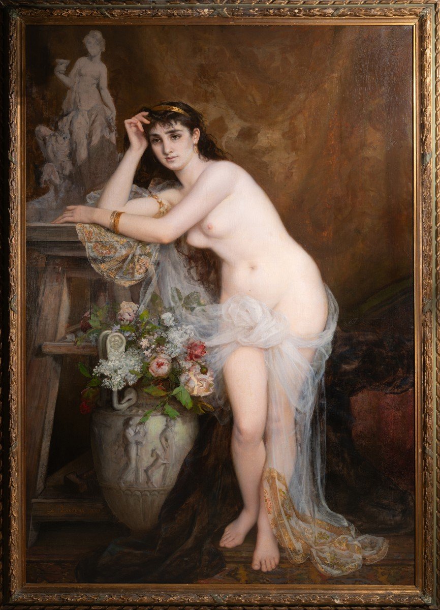 “the Model”, Very Large Oil On Canvas,a.f. Laurens, 1883