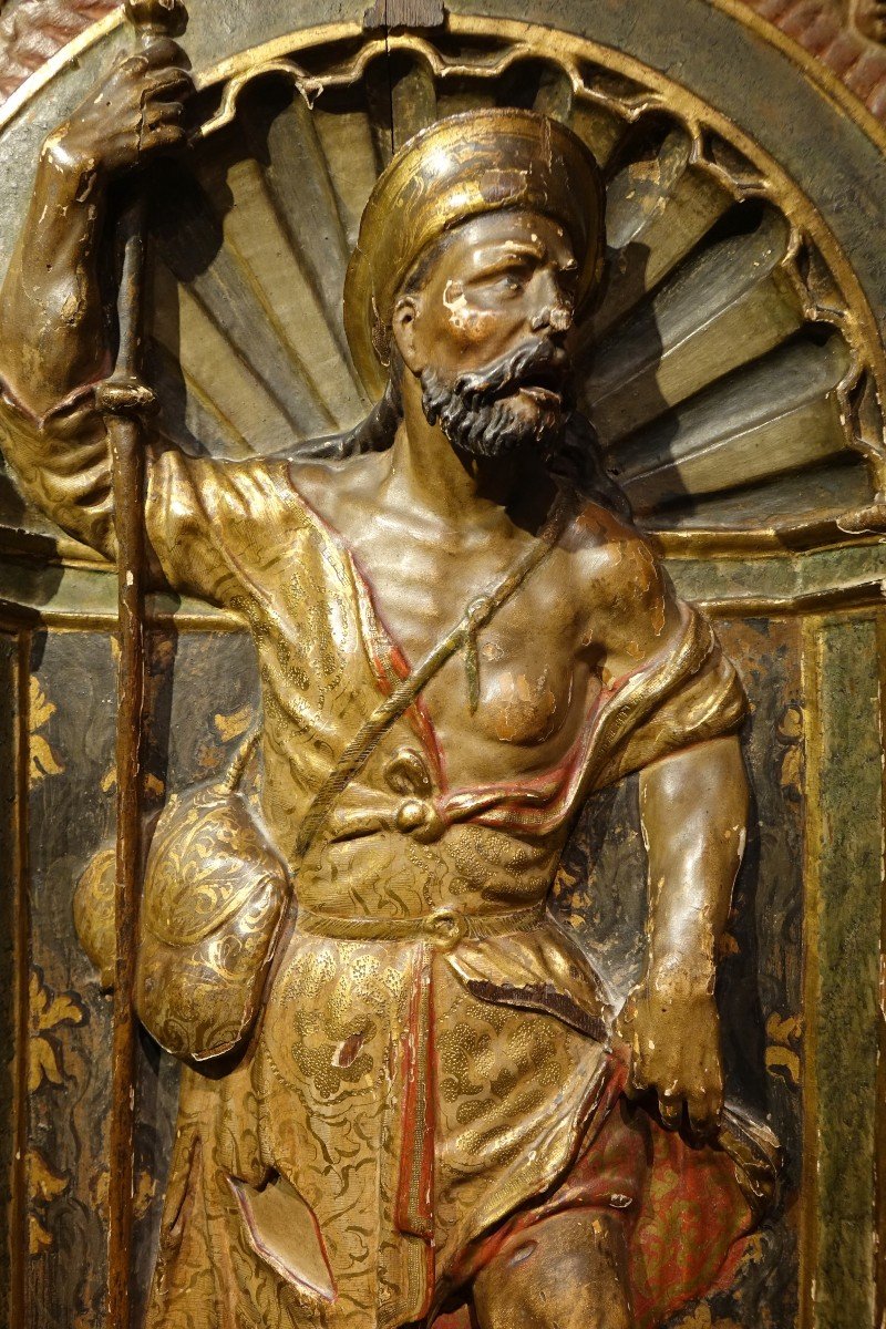 Mi-relief en bois doré et polychromé, représentant saint-Roch.  Espagne , 16e S.-photo-2