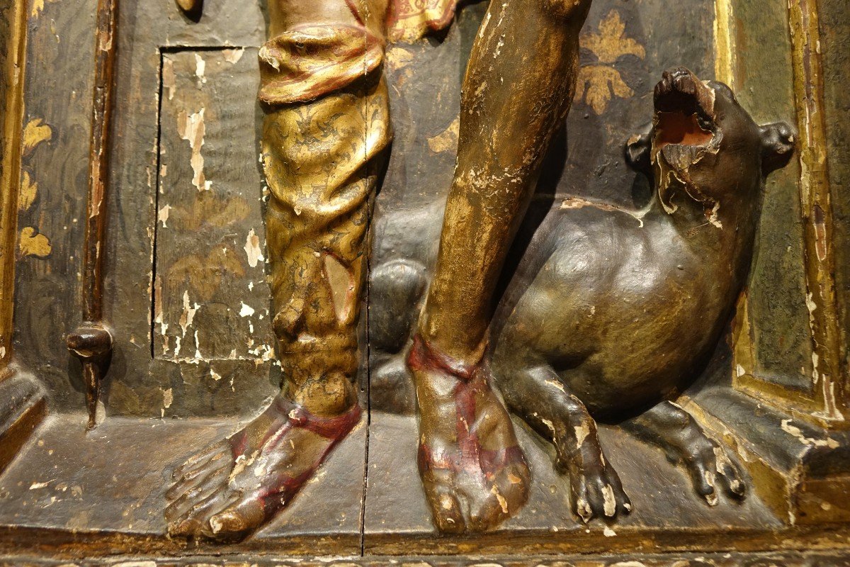 Mi-relief en bois doré et polychromé, représentant saint-Roch.  Espagne , 16e S.-photo-1