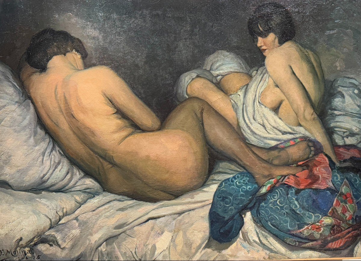 "the Two Friends", Oil On Canvas Signed F.molina, Dated 1925-photo-5