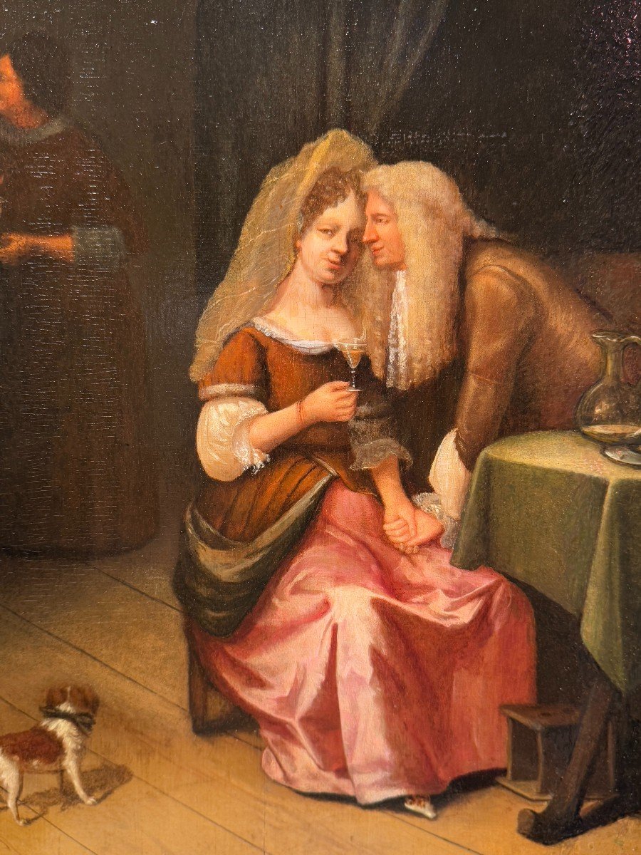 Scène Galante, Huile Sur Panneau Attribuée à Van Mieris, 17e S.-photo-2