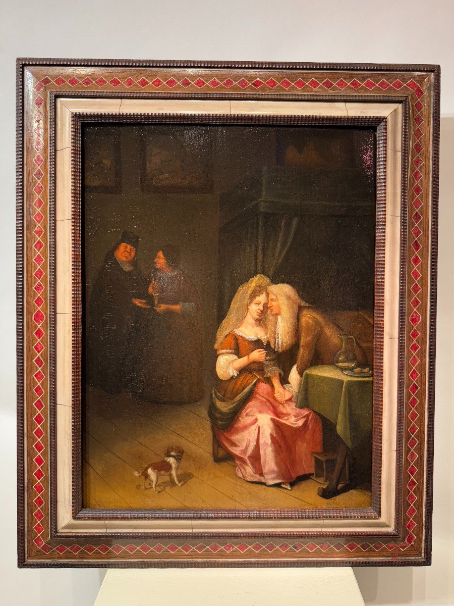 Scène Galante, Huile Sur Panneau Attribuée à Van Mieris, 17e S.-photo-3