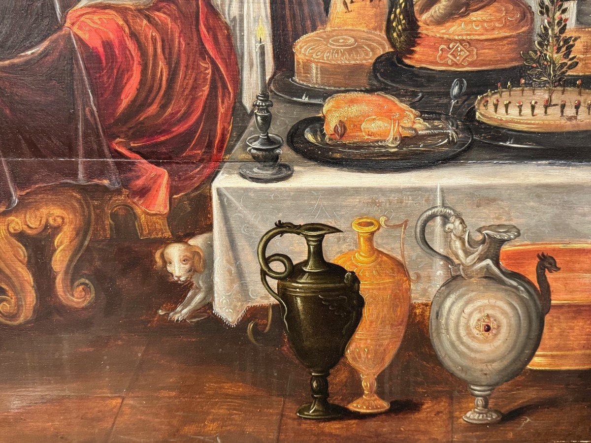 "the Feast Of Balthazar", Large Oil On Wood, Workshop Of F.franken II (1581-1642)-photo-3