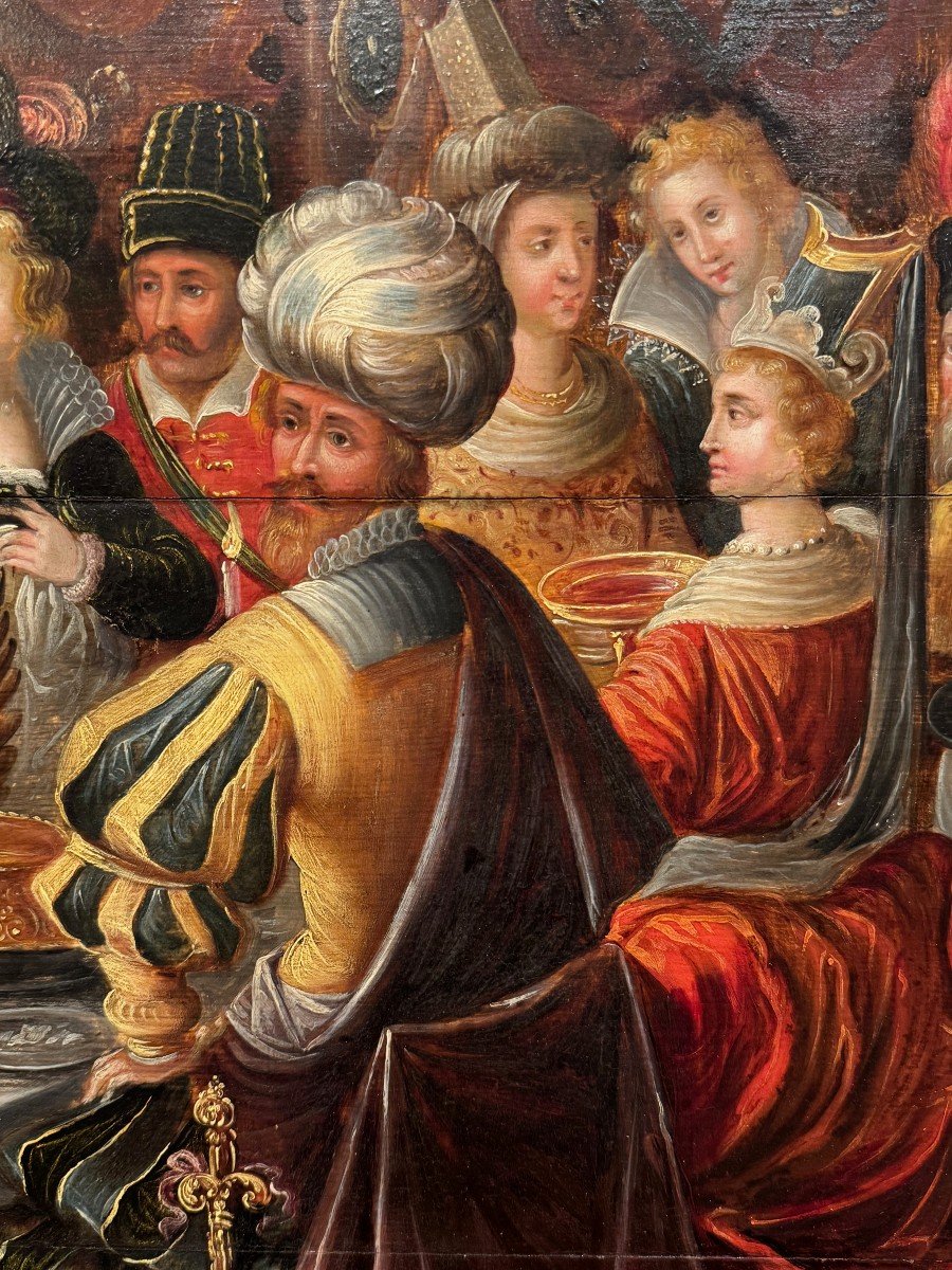 "the Feast Of Balthazar", Large Oil On Wood, Workshop Of F.franken II (1581-1642)-photo-4