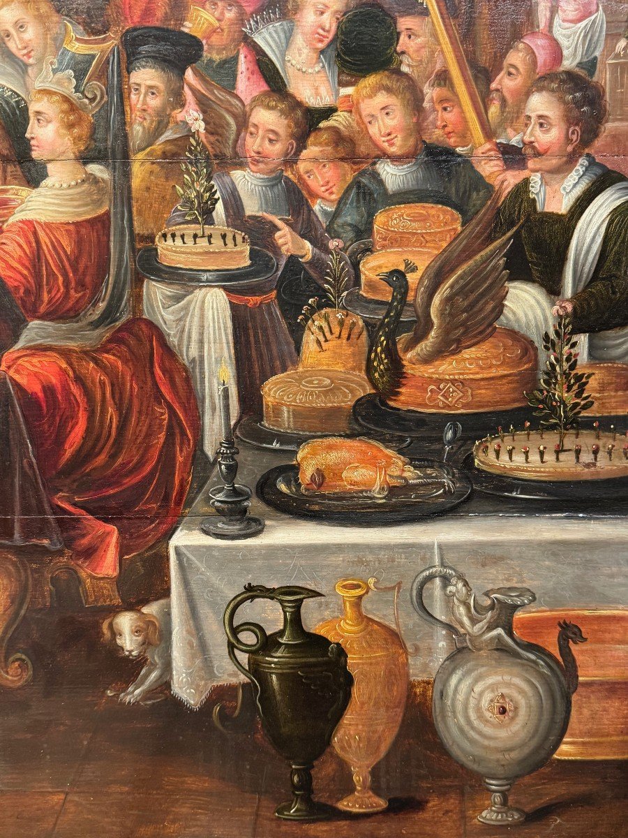 "the Feast Of Balthazar", Large Oil On Wood, Workshop Of F.franken II (1581-1642)-photo-5