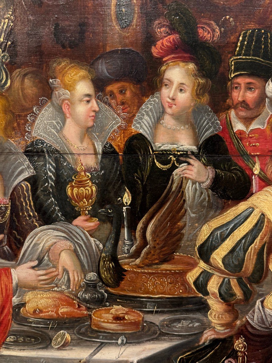 "the Feast Of Balthazar", Large Oil On Wood, Workshop Of F.franken II (1581-1642)-photo-6