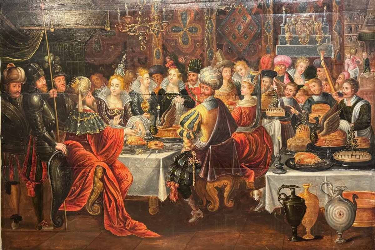 "the Feast Of Balthazar", Large Oil On Wood, Workshop Of F.franken II (1581-1642)