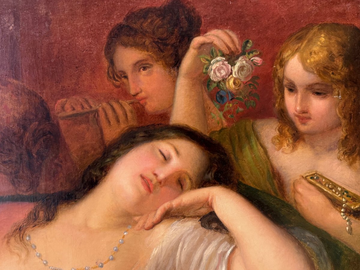 "Jeune femme alanguie sur une récamier". Ecole romantique Italienne, vers 1840. -photo-2