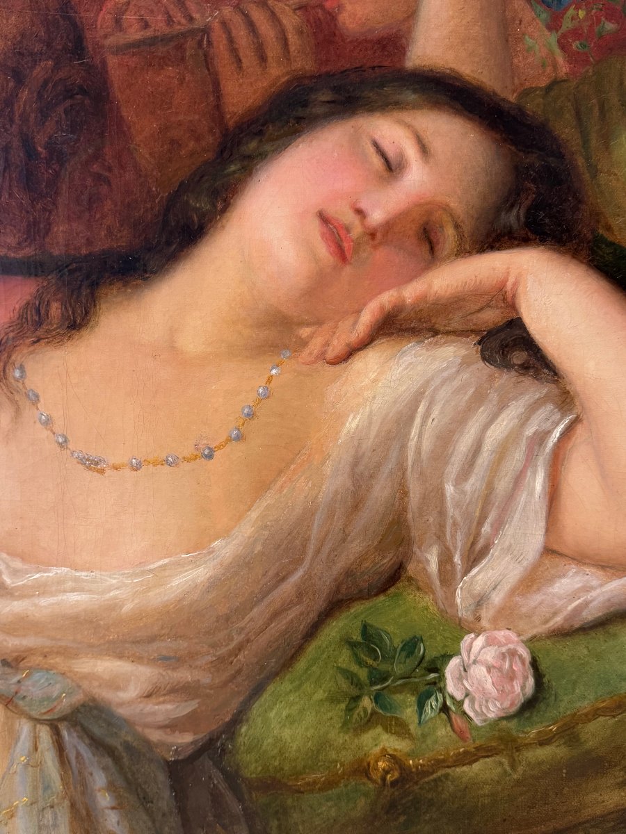 "Jeune femme alanguie sur une récamier". Ecole romantique Italienne, vers 1840. -photo-4